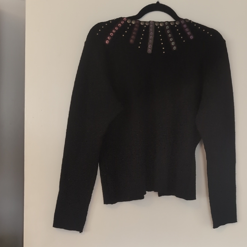 Unique Black Wool Cardigan With Applique And  Brass Studs